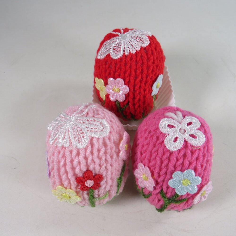 Hand Knit Easter Eggs with hand sewn accents (NO GLUE) all fabric items Floral